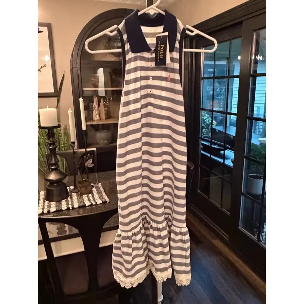 NWT Ralph Lauren Navy White Striped Sleeveless Polo Lace Pink pony Size XL 16